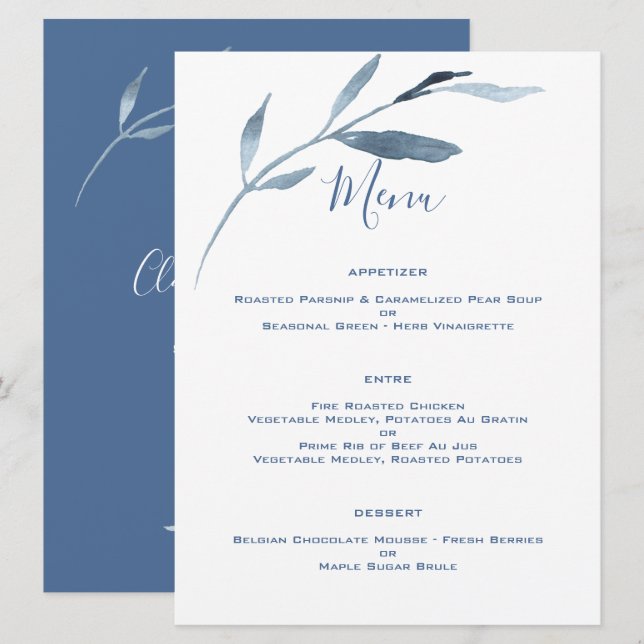 Menu Mariage couleur bleu et blanc (Devant / Derrière)