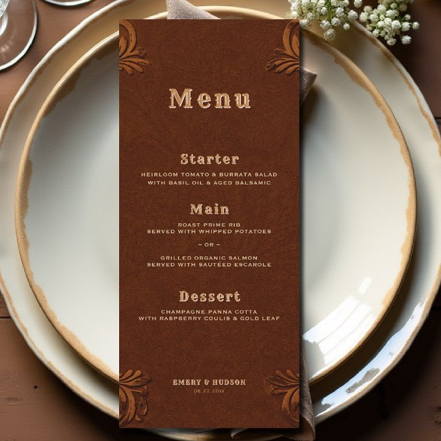 Menu Mariage Cowboy Rustique en Terre Cuite Outilée Occ (country rustic cowboy wedding menu faux tooled leather terracotta rust copper western barn)