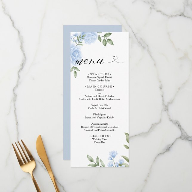 Menu Mariage CRYSTAL / Rose bleu Aquarelle Floral (Devant/Arrière en situation)