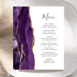 Menu Mariage d'âge d'or violet budget<br><div class="desc">Le bord gauche de cet élégant menu mariage moderne comporte une bordure d'aquarelle violette ornée d'une parties scintillant en faux or. Le texte personnalisable combine un script d'écriture manuscrite gris charbon et des polices de cuivre sur un arrière - plan blanc. L'envers est assorti d'une agate violette et dorée.</div>