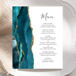 Menu Mariage d'âge or Turquoise Budget<br><div class="desc">Le bord gauche de cet élégant menu mariage moderne comporte une bordure turquoise d'aquarelle bleue ornée d'une parties scintillant en faux or. Le texte personnalisable combine un script d'écriture manuscrite gris charbon et des polices de cuivre sur un arrière - plan blanc. L'envers présente un design d'agate turquoise et or...</div>