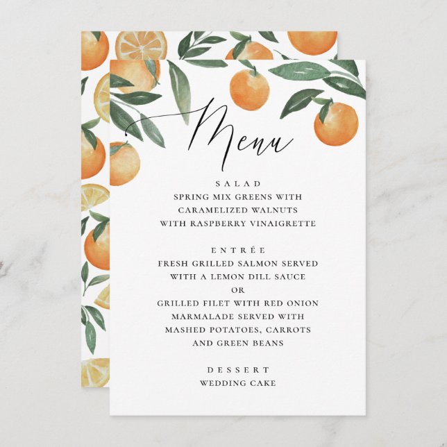 Menu Mariage d'agrumes aquarelle. Le jardin fleuri d'ét (Devant / Derrière)