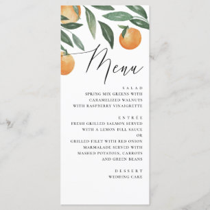 Menu Mariage d'agrumes aquarelle. Orange floral d'été