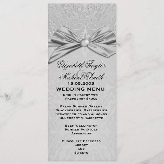 Menu Mariage damassé élégant Silver Ribbon (Devant)