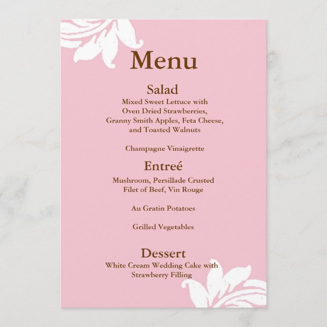Menu Mariage damassé rose (Devant)