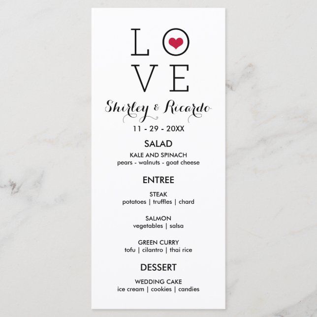 Menu Mariage d'amour simple rouge personnalisé (Devant)