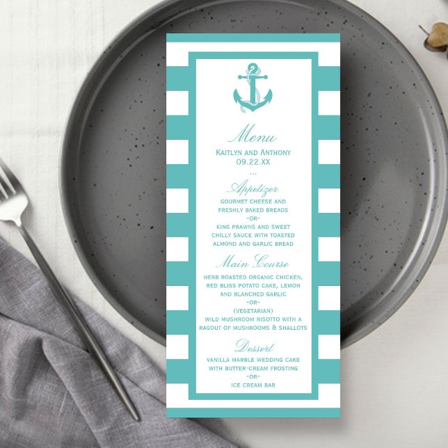 Menu Mariage d'Ancre en bande turquoise marine (Créateur téléchargé)