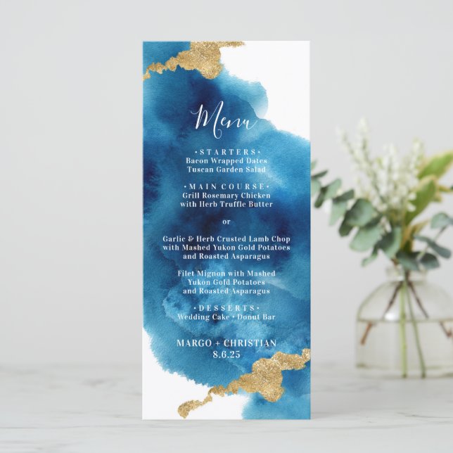 Menu Mariage d'aquarelle bleu et or (Debout devant)