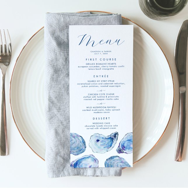 Menu Mariage d'aquarelle bleu huître (Oyster Wedding Menu with three meal options and Elegant blue watercolor oyster shell illustrations)