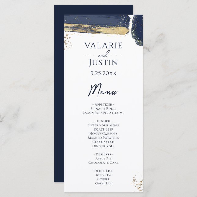 Menu Mariage d'aquarelle bleu marine (Devant / Derrière)