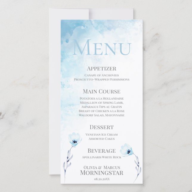 Menu Mariage d'aquarelle bleu pâle (Devant)