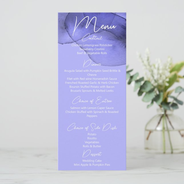 Menu Mariage d'aquarelle bleu violet lavande (Debout devant)