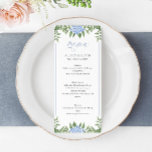 Menu Mariage d'aquarelle Blue Hydrangea<br><div class="desc">Ce magnifique design présente des fleurs d'hydrangée bleue et votre texte personnalisé. Utilisez le formulaire modèle pour ajouter vos informations. La fonction Personnaliser supplémentaire permet d'accéder au menu d'édition avancée où vous pouvez modifier la police, les couleurs et la disposition du texte, ou ajouter du texte à l'arrière du menu....</div>