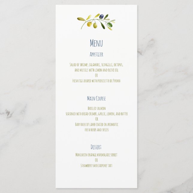 Menu mariage d'aquarelle de branche d'olive (Devant)