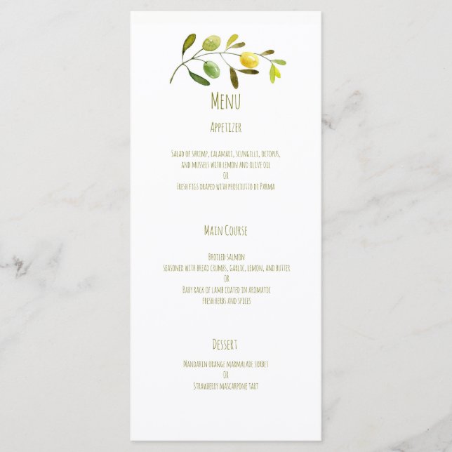 Menu mariage d'aquarelle de branche d'olive (Devant)