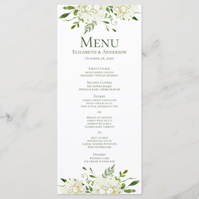 Menu Mariage d'aquarelle de fleurs d'Hydrangée blanche (Devant)