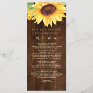 Menu Mariage d'aquarelle de tournesol en bois rustique