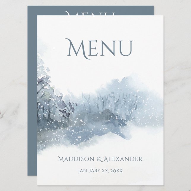 Menu Mariage d'aquarelle douce bleu et blanc (Devant / Derrière)