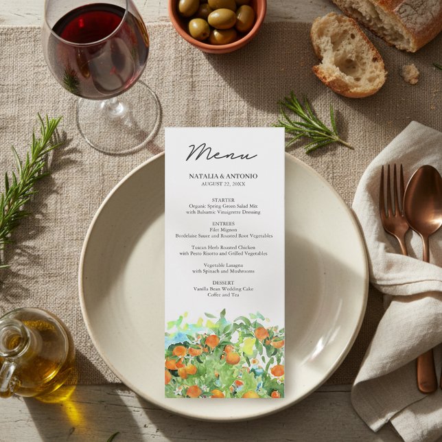 Menu Mariage d'aquarelle en fleurs d'agrumes orange (Créateur téléchargé)