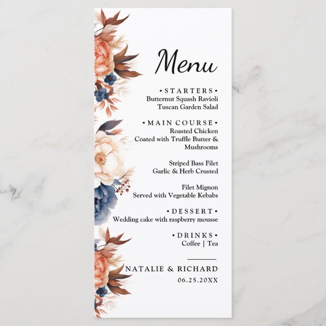 Menu Mariage d'aquarelle fleurie bleu et terre cuite (Devant)