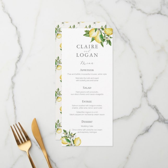 Menu Mariage d'aquarelle florale Citrus Lemon (Devant/Arrière en situation)
