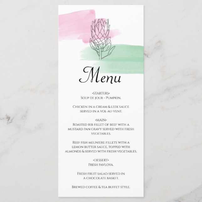 Menu Mariage d'aquarelle King Protea (Devant)
