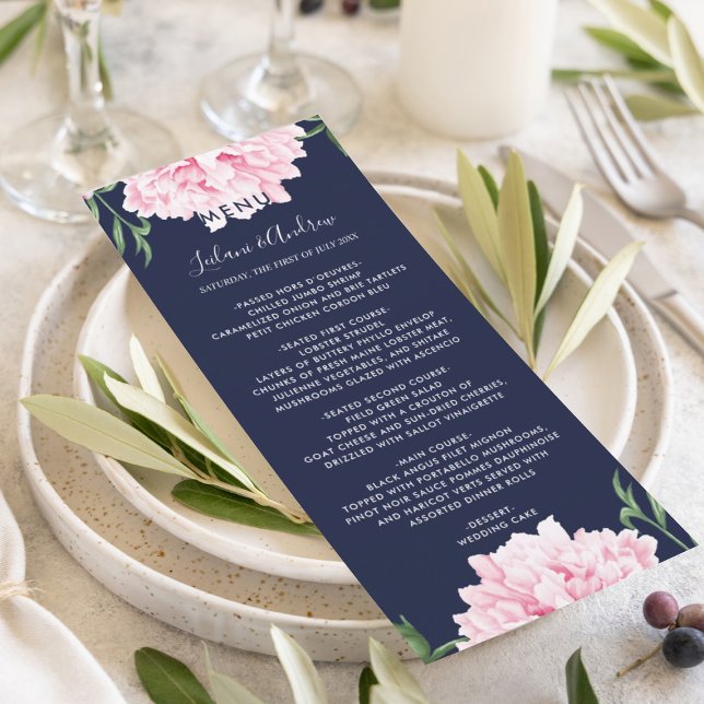 Menu Mariage d'aquarelle Marine Pink Peony (Elegant pink peony botanical floral for your beautiful wedding day reception menu.)