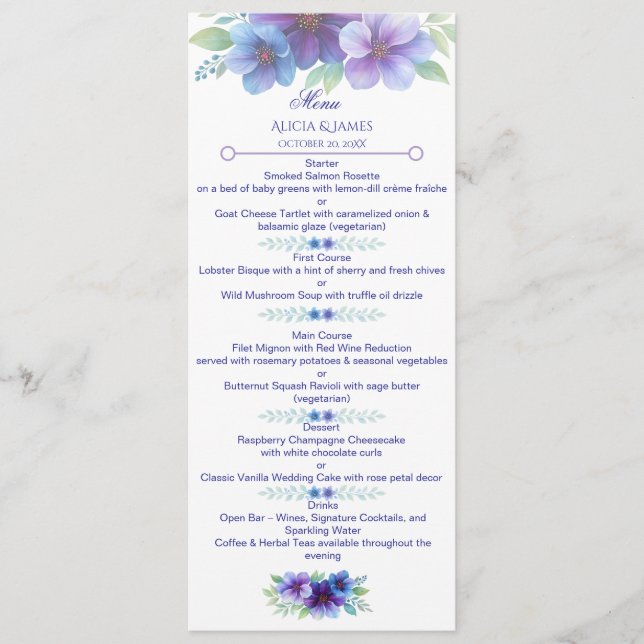 Menu Mariage d'aquarelle romantique bleu violet (Devant)