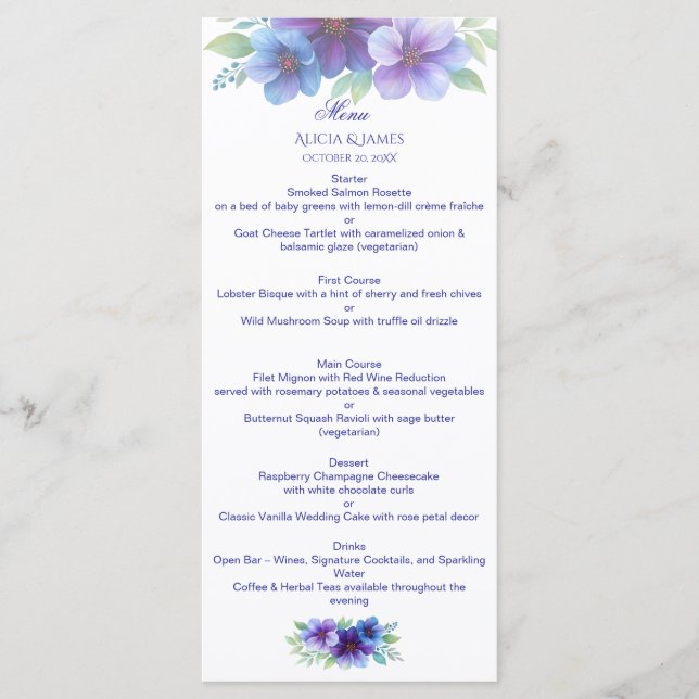 Menu Mariage d'aquarelle romantique bleu violet (Devant)