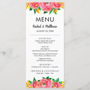 Menu Mariage d'aquarelle rose et jaune