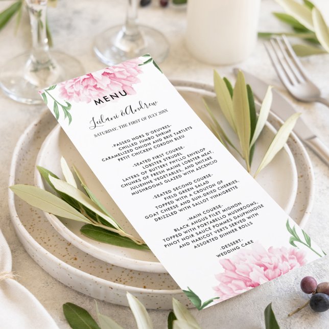 Menu Mariage d'aquarelle rose Peony (Elegant pink peony botanical floral for your beautiful wedding day reception menu.)