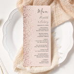 Menu Mariage d'arête de Parties scintillant or rose ros<br><div class="desc">Le bord gauche de cet élégant menu mariage moderne présente un design rose en faux parties scintillant doré. Le texte personnalisable combine écriture manuscrite gris fusain,  cuivre et polices italiques sur un arrière - plan rose vif. L'envers présente une parties scintillant en or rose et rose rousse assortie.</div>