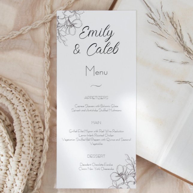 Menu Mariage d'art de la ligne florale noire et blanche (black and white elegant floral menu card wedding script font)