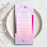 Menu Mariage d'astronomie de la Lune de Soleil rose Mys<br><div class="desc">Mystical Sunset Pink Sun Moon Stars Astronomy Galaxy Celestial Cosmic Wedding Cards dispose d'un soleil rose et violet, lunette et étoiles cadre sur une plage pastel coucher de soleil arrière - plan avec vos détails de menu au centre dans le script moderne de calligraphie violet. Personnalisez en modifiant le texte...</div>