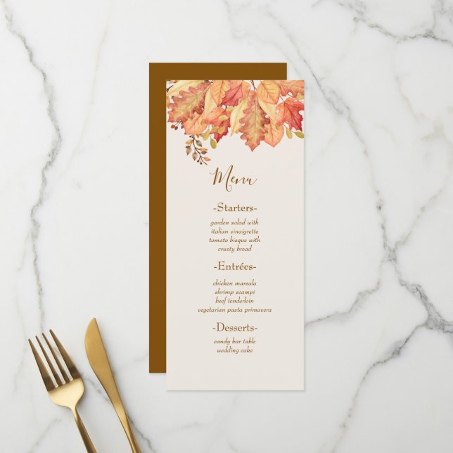Menu Mariage d'automne élégant aux feuilles d'aquarelle (Devant/Arrière en situation)