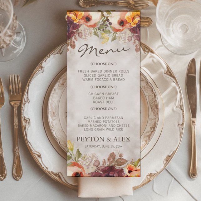 Menu Mariage d'automne floral bordeaux orange  (Fall floral wedding menu)