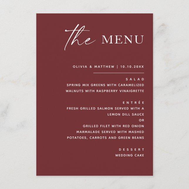 Menu Mariage d'automne Rouge Vin Profond | Élégant Mode (Devant)