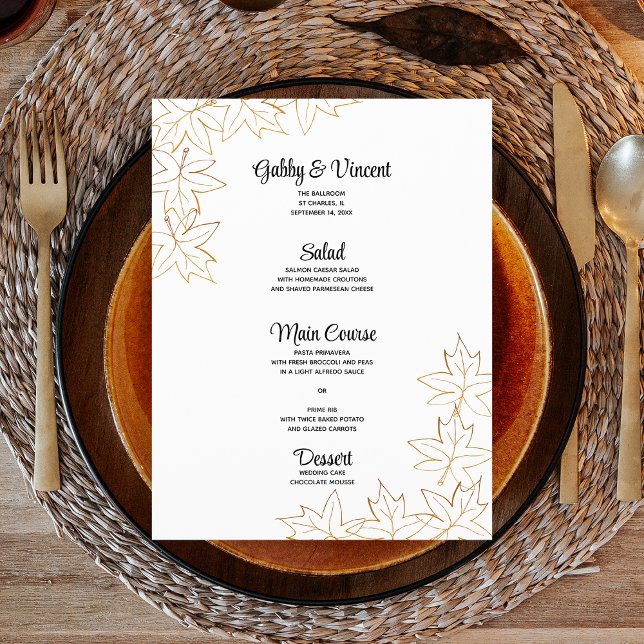 Menu Mariage de automne bordure feuille d'érable (Fall in love with this autumn leaves wedding menu.)