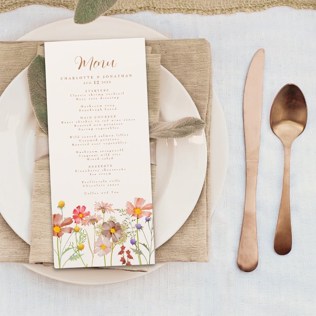 Menu Mariage de automne Fleur sauvage Boho (Boho rustic floral fall wedding menu watercolor wildflowers elegant script beige burnt orange brown)