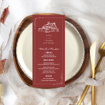 Menu Mariage de automne rouge roux routé<br><div class="desc">Accueil mariage avec illustration de grange rustique sur arrière - plan rouge muet.</div>
