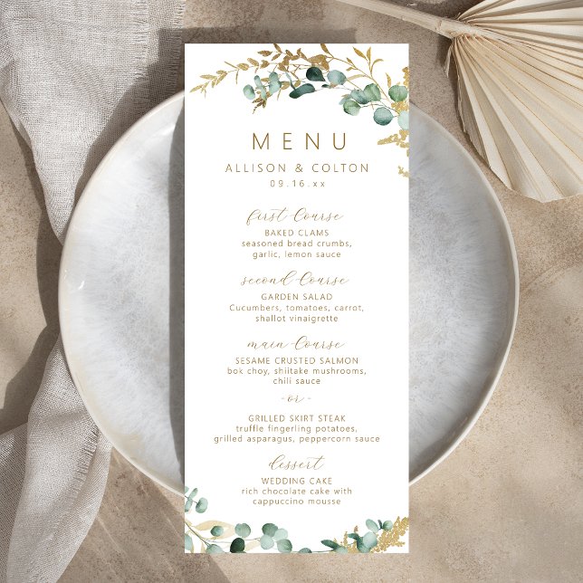 Menu Mariage de boho d'or de l'eucalyptus rustique (Rustic eucalyptus gold greenery boho wedding menu)