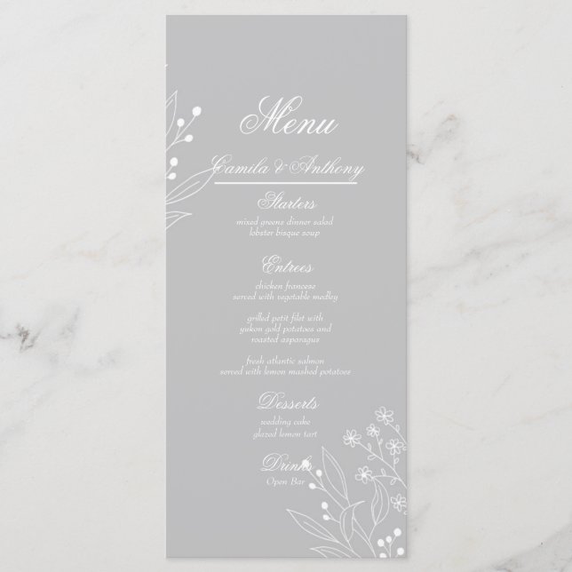 Menu Mariage de Boho Floral à Coin Blanc Argent (Devant)