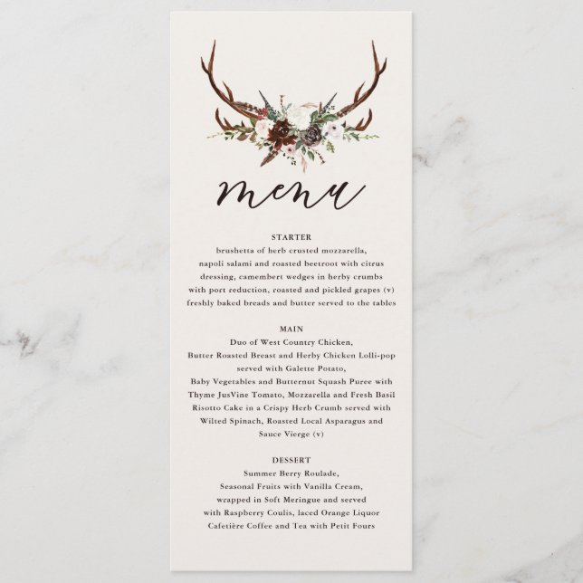 Menu mariage de bois de cerf et de fleurs rustique (Devant)