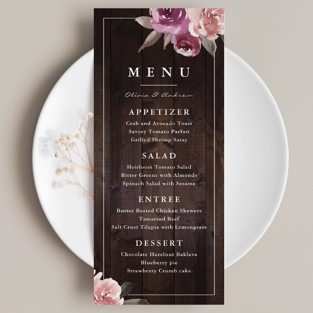 Menu Mariage de bois rustique mauve et mûrier (Mauve purple & mulberry floral rustic wood wedding menu)