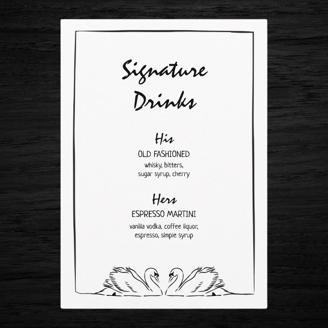 Menu Mariage de boisson de signature de cygne tiré à la (Stylish wedding signature drinks menu featuring "His" and "Hers" cocktails with elegant swan design.)