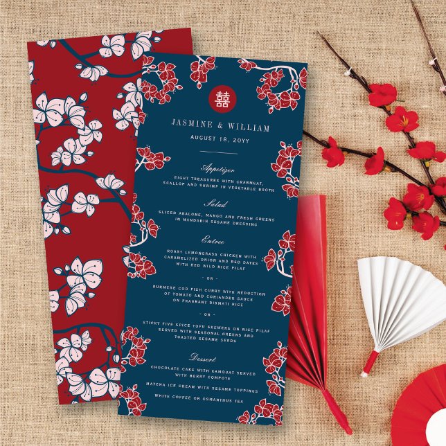 Menu Mariage de bonheur double de fleurs de prunes/de p (Red Peach/Plum Blossoms Double Happiness Floral Chinese Wedding Menu Card @ fatfatin_red_knot)