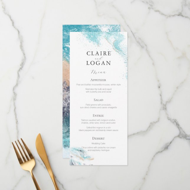 Menu Mariage de bord de mer aux vagues bleues éclabouss (Devant/Arrière en situation)