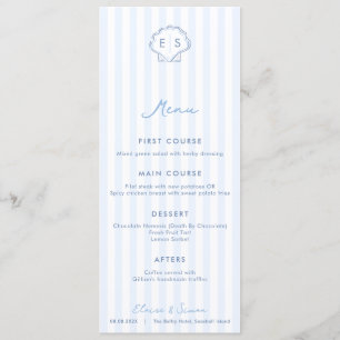 Menu Mariage de bord de mer bleu et blanc Monogram Seas