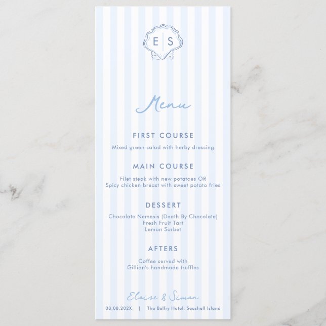 Menu Mariage de bord de mer bleu et blanc Monogram Seas (Devant)