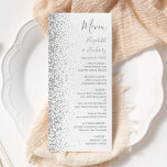 Menu Mariage de bord de Parties scintillant argent blan<br><div class="desc">Le bord gauche de cet élégant menu mariage moderne présente un style de parties scintillant en faux argent. Le texte personnalisable associe écriture grise,  copperplate et polices italiques sur un arrière - plan blanc. L'envers présente une parties scintillant blanche et argentée assortie.</div>